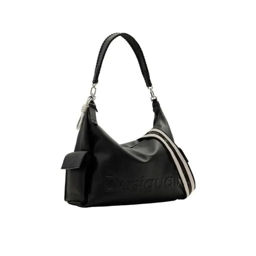 Black leather handbag with curved shape and striped accent from Desigual Women Bag collection