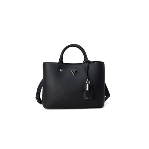 Black leather handbag by Guess featuring a triangular logo and detachable strap