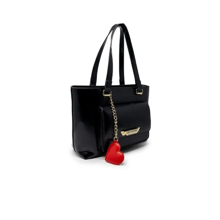 Black leather handbag with red heart charm from Love Moschino Women Bag collection