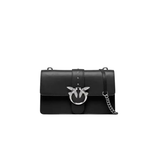 Black leather handbag with silver bird clasp and chain strap from Pinko Women’s collection