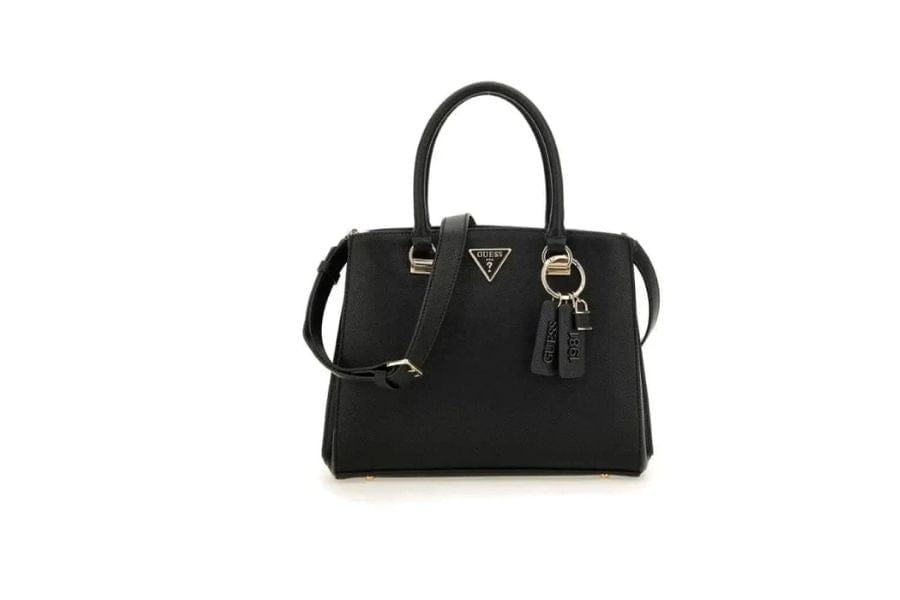 Black leather handbag with structured shape and triangular logo for a stylish date look.