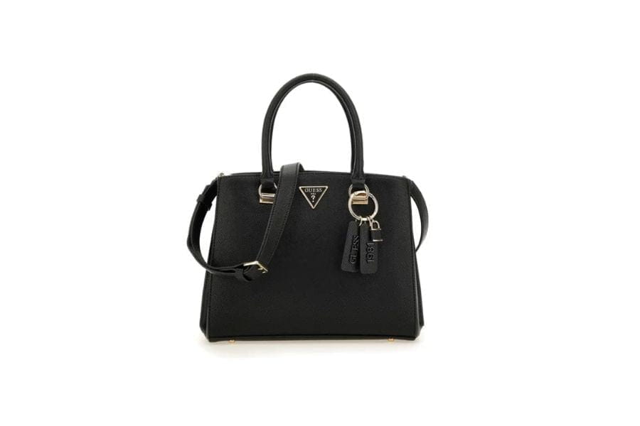 Black leather handbag with metal hardware, perfect for summer outfit ideas to shop.