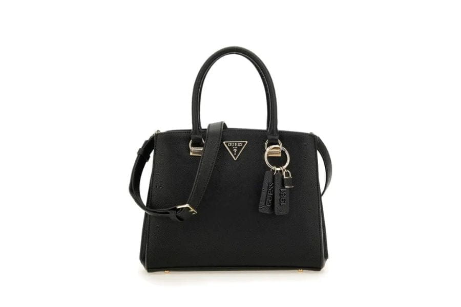 Black leather handbag with triangular logo, perfect for summer work outfits and accessories.