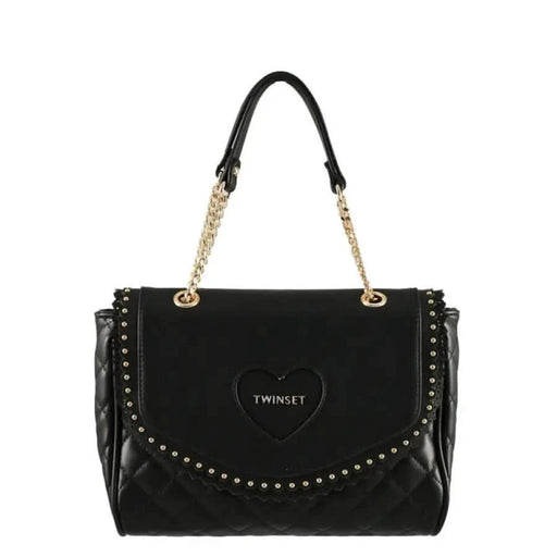 Black leather handbag with gold chain straps and studded detailing by Twinset