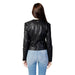 Armani Exchange black leather jacket with light blue jeans, back view, women’s blazer