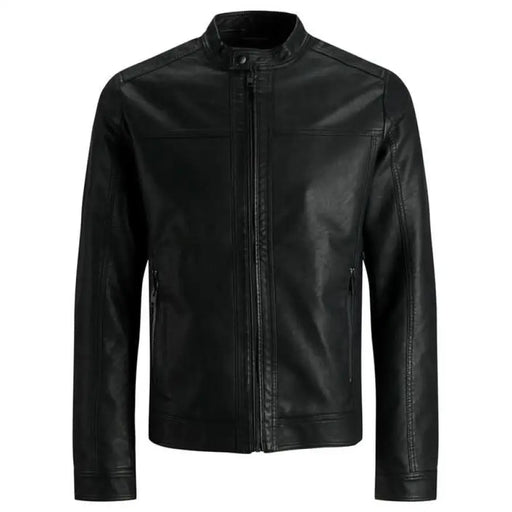 Black leather jacket with front zipper and stand-up collar from Jack & Jones Men Blazer