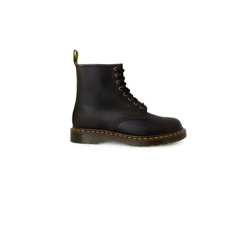 Black leather lace-up combat boot with yellow stitching from Dr. Martens Men Boots