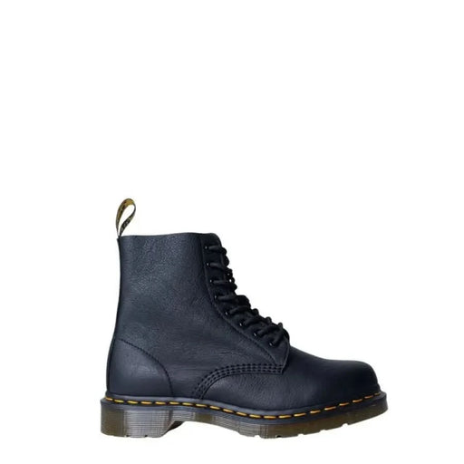 Black leather lace-up combat boot with yellow stitching and chunky sole - Dr. Martens Women Boots