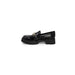 Guess Women Slip On Shoes: Black leather loafer with chunky sole and metal chain detail