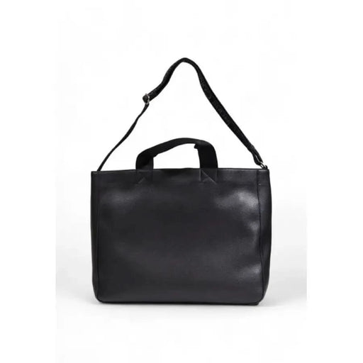 Black leather messenger bag with handles and shoulder strap by Calvin Klein