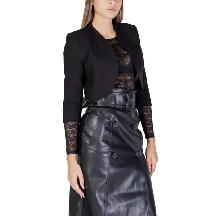 Black leather midi skirt with cropped blazer and lace top from Morgan De Toi