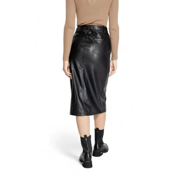 Black leather midi skirt with high waist and fitted silhouette from Only Women Skirt