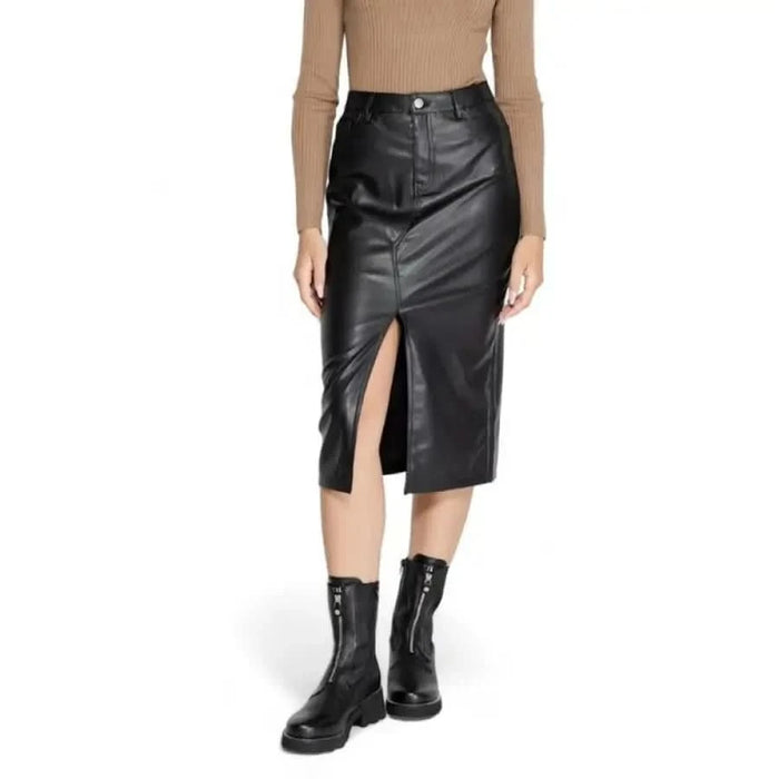 Black leather midi skirt with front slit from Only - Only Women Skirt collection