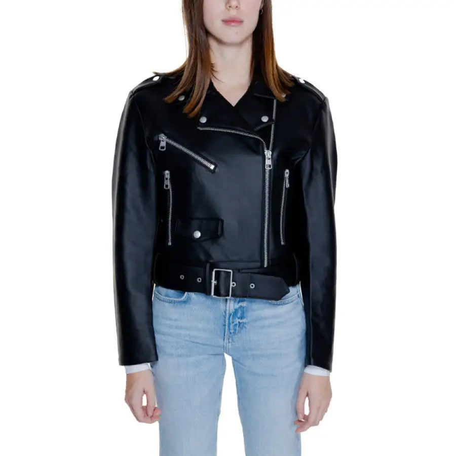 Black leather motorcycle jacket with silver zippers and belt - Calvin Klein Women Blazer