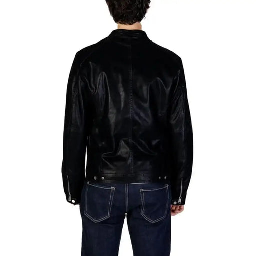 Black leather motorcycle jacket displayed from the back for Gianni Lupo Men Jacket