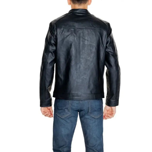 Black leather motorcycle jacket with classic design by Jack & Jones for men