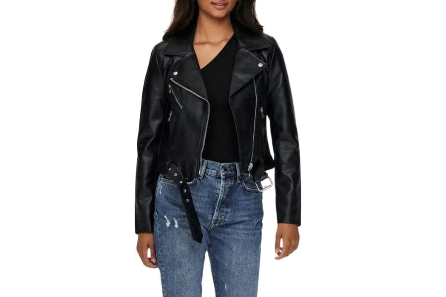 Black leather motorcycle jacket with silver zippers and lapel collar for retro styling.