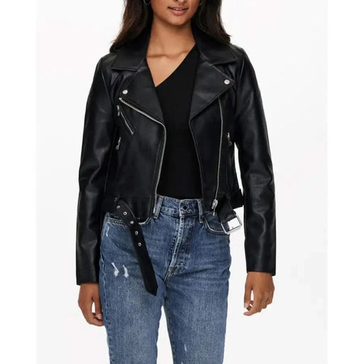 Black leather motorcycle jacket with silver zippers and studs displayed in Only Women Jacket