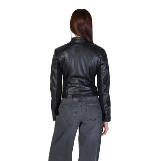 Black leather motorcycle-style jacket displayed from the back in Guess Women Blazer