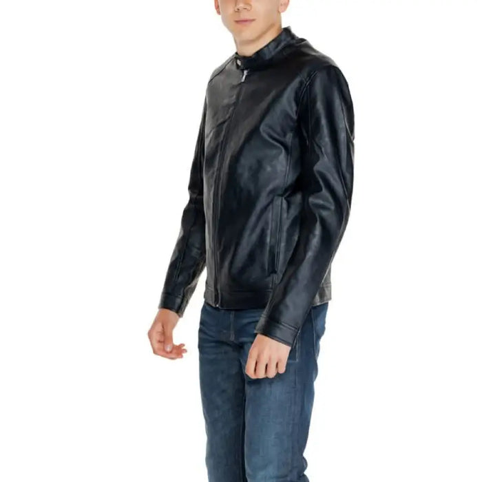 Black leather motorcycle-style jacket with collar and zip front by Jack & Jones