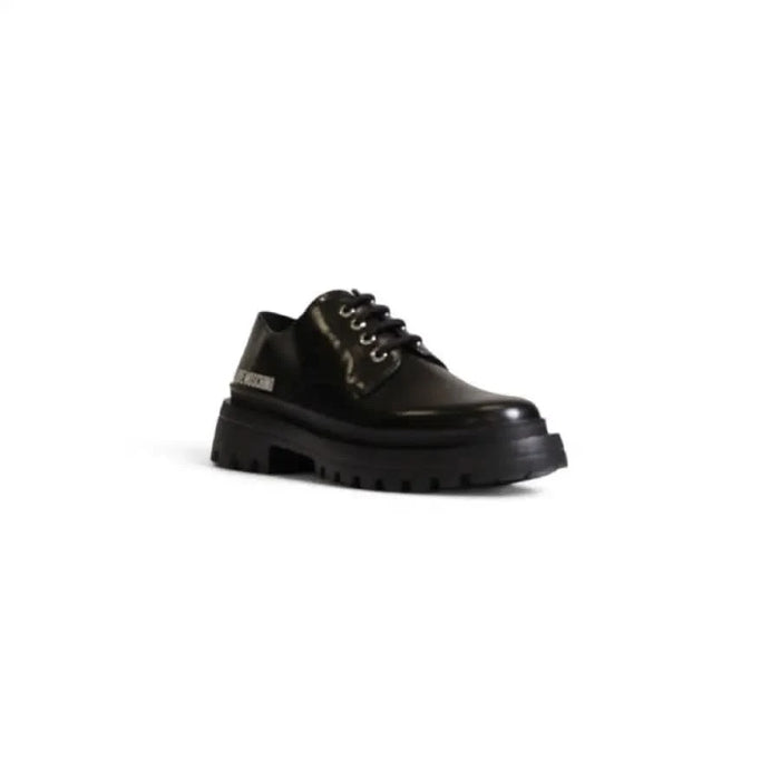 Love Moschino women’s black leather oxford shoe with chunky treaded sole