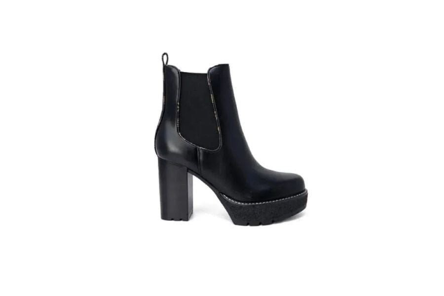 Black leather platform ankle boot with chunky heel for retro style fashion statement.