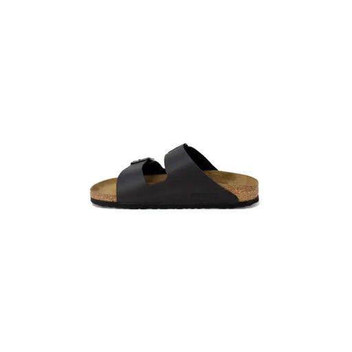 Black leather Birkenstock women sandals with a cork footbed and dual straps