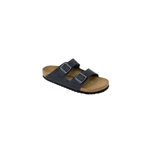 Black leather Birkenstock sandal with adjustable straps and cork footbed for women