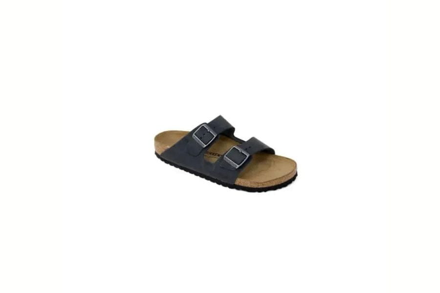 Black leather sandal with adjustable straps and contoured cork footbed for first date outfit.