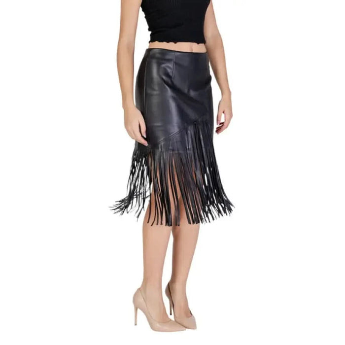 Black leather skirt with fringe trim by Vila Clothes for women, stylish and modern