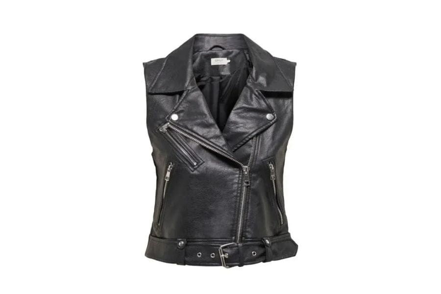 Black leather sleeveless motorcycle jacket with asymmetrical zipper and belt for retro style.