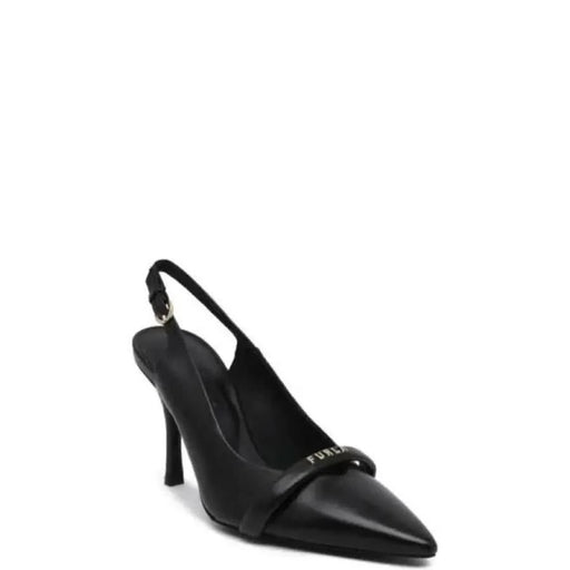 Black leather slingback high heel shoe with pointed toe and ‘FURLA’ branding