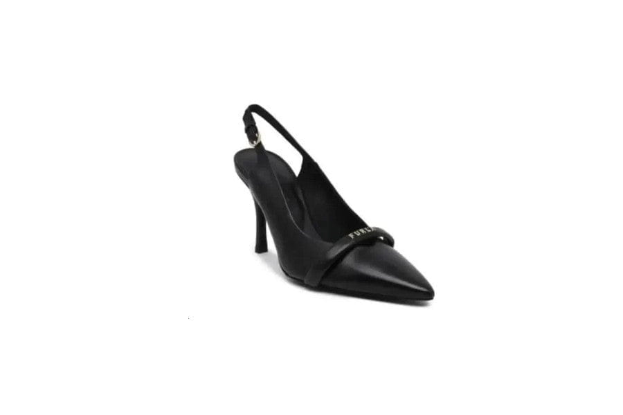 Black leather slingback high heel shoe with pointed toe for minimalist apparel and accessories.