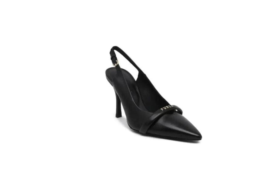 Black leather slingback high heel shoe with pointed toe for summer outfit ideas to shop.