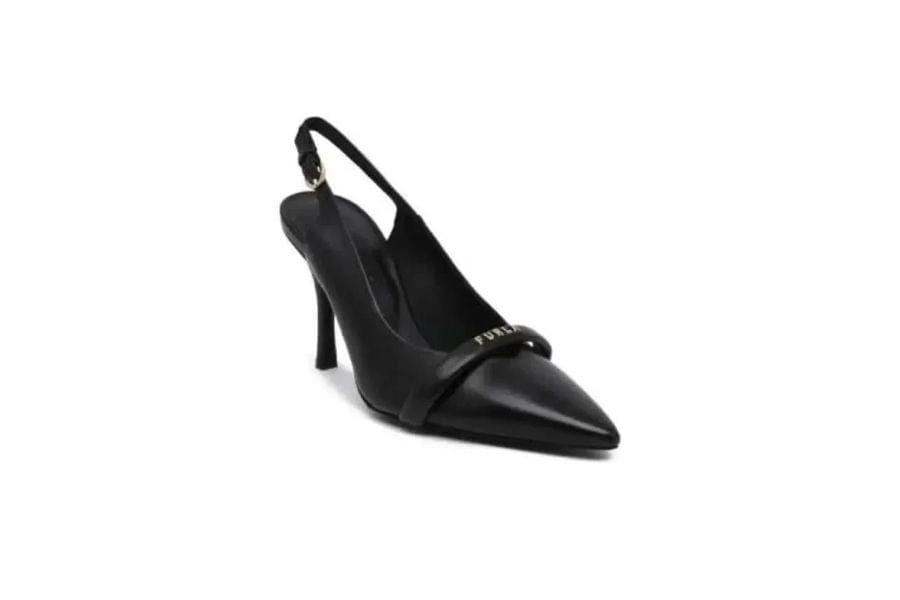 Black leather slingback high heel shoe with pointed toe and decorative vamp strap.