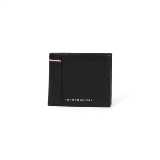 Tommy Hilfiger Men Wallet in black leather with red, white, and blue stripe detail