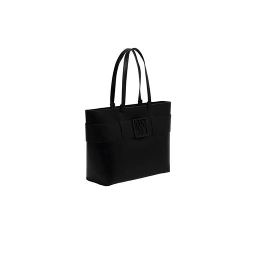 Black leather tote bag with double handles and logo, Armani Exchange Women Bag