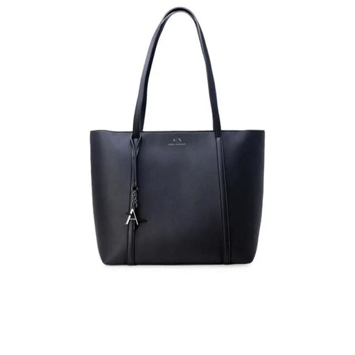 Black leather tote bag with long handles and tassel zipper pull by Armani Exchange