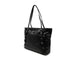 Black leather tote bag with buckled side straps and long handles by Guess