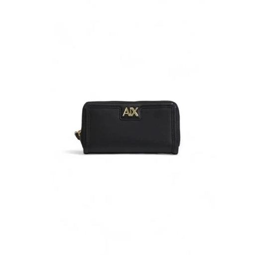 Black leather wallet with gold AX logo from Armani Exchange Women Wallet collection