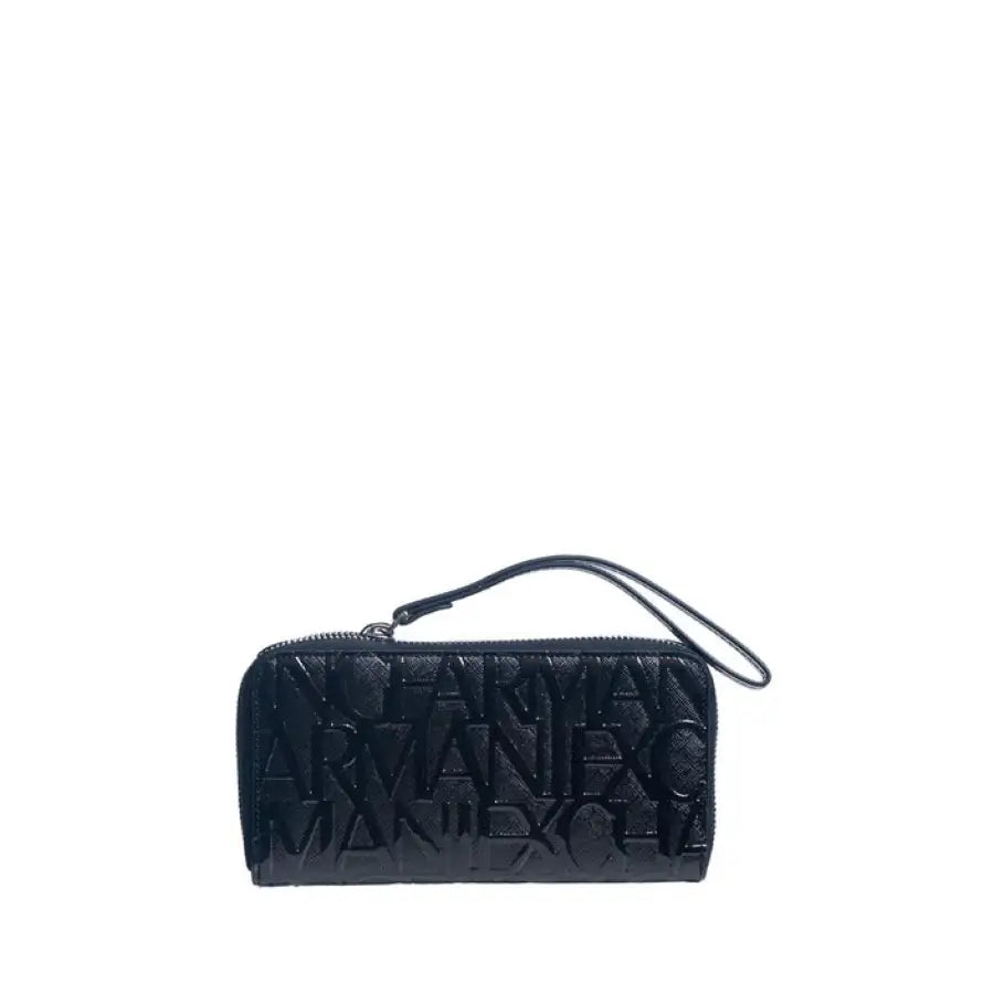 Black leather Armani Exchange wallet with embossed branding and zipper closure