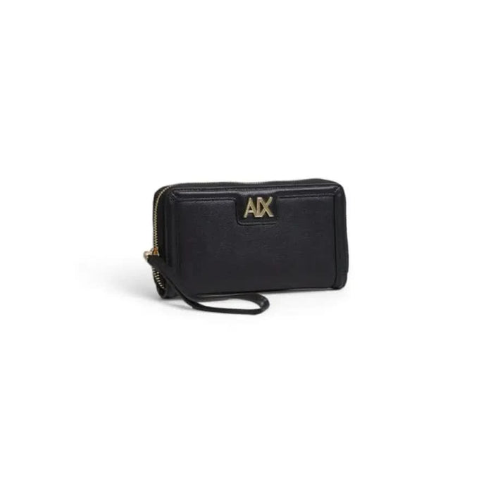 Armani Exchange Women Wallet: Black leather clutch with gold ’AX’ logo and zipper closure