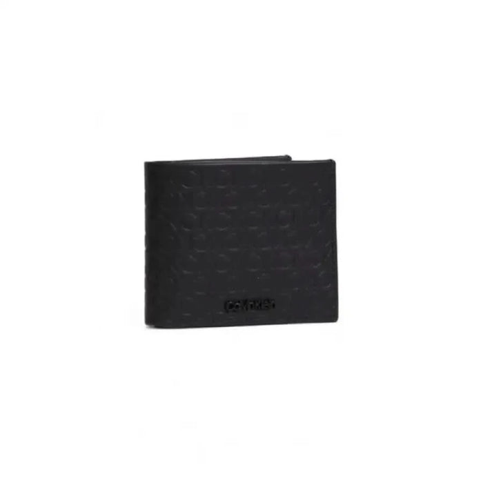 Calvin Klein men’s black leather wallet with embossed pattern and visible brand name