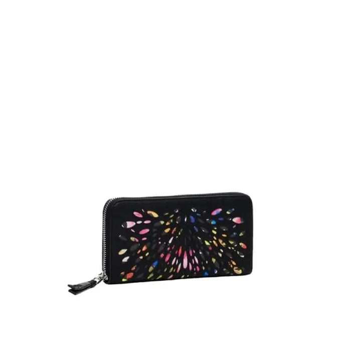 Black leather Desigual women’s wallet with colorful firework-like embroidery design