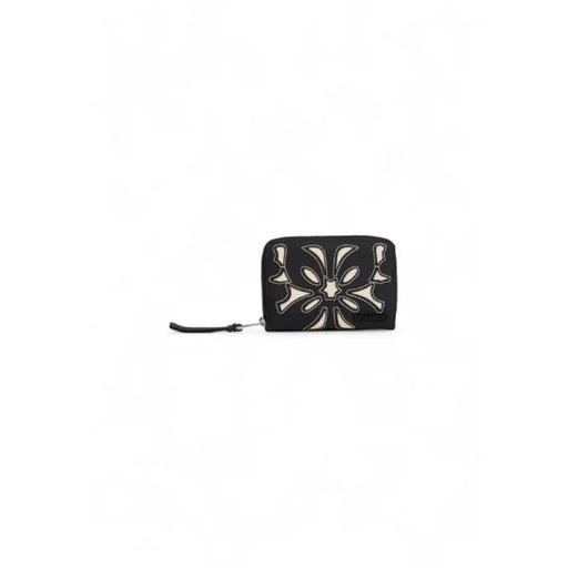 Black leather wallet with floral cutout design by Desigual for women