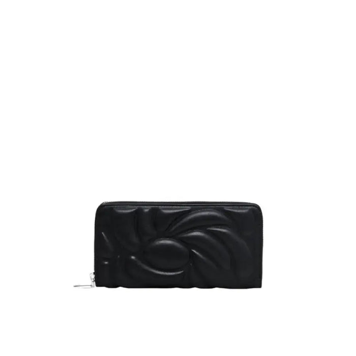 Black leather wallet with embossed design and zipper closure by Desigual for women