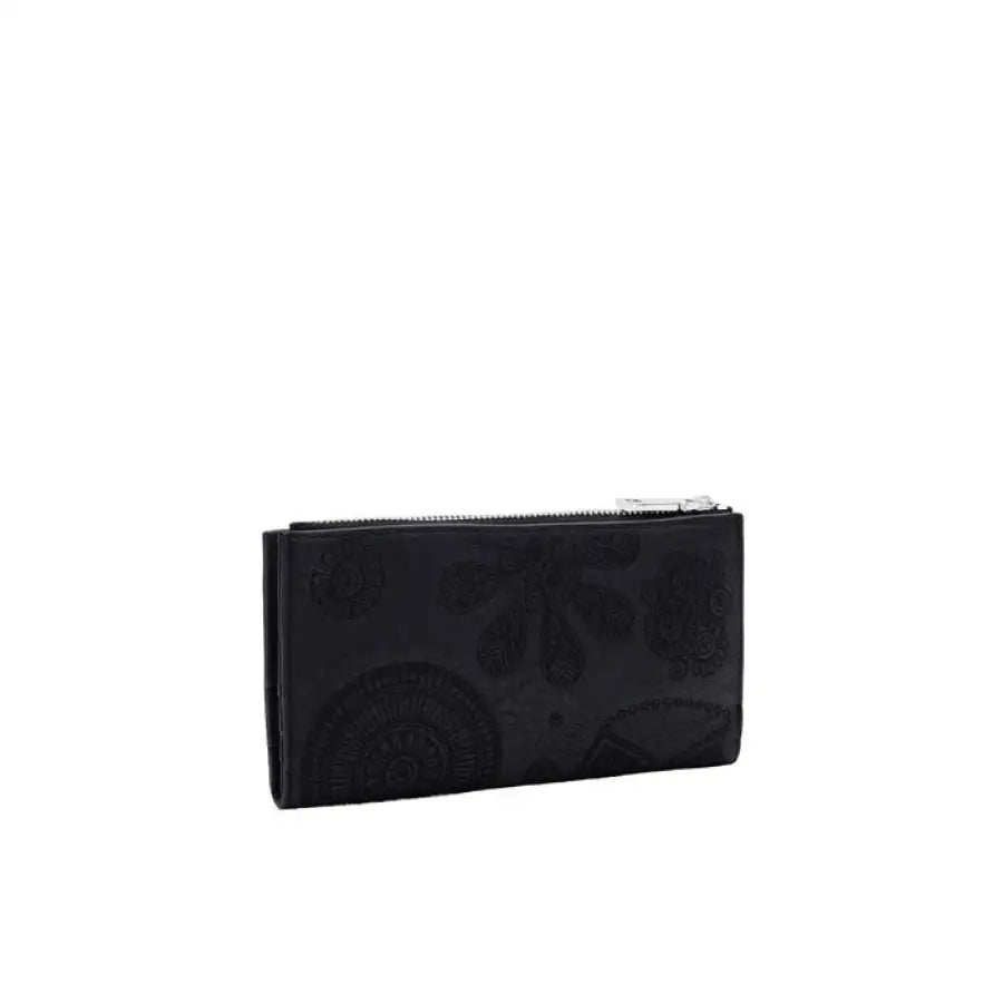 Desigual women’s black leather wallet with embossed designs and zipper closure