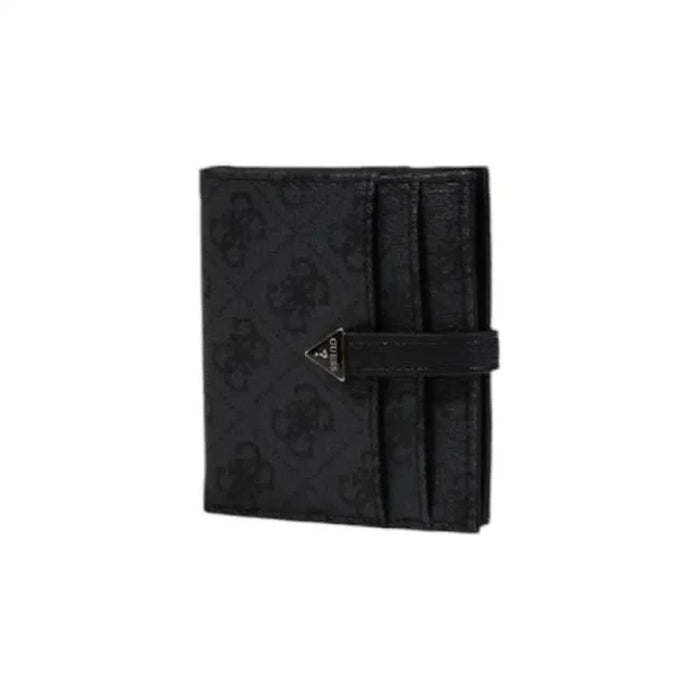 Black leather Guess Women Wallet featuring a strap closure for secure storage