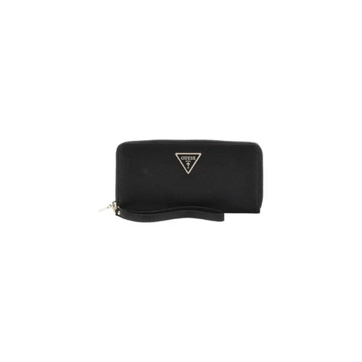 Black leather Guess Women Wallet featuring a triangular logo and zipper closure