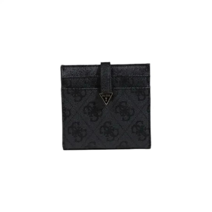 Black leather Guess Women Wallet with monogram pattern and triangular metal accent